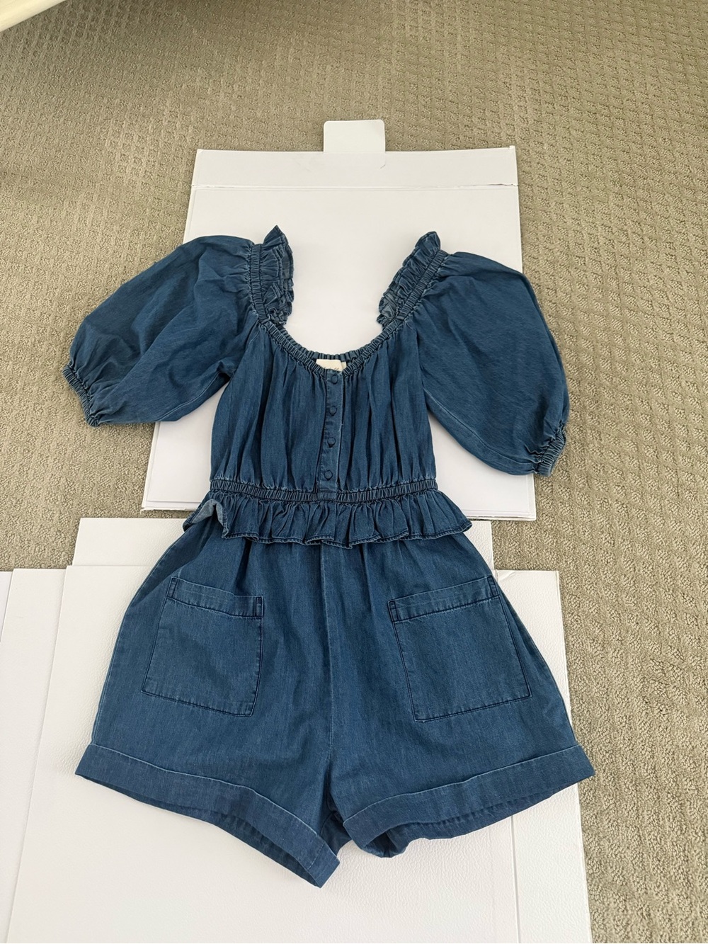 Cleobella Blue Denim-Look Puff Sleeve Romper